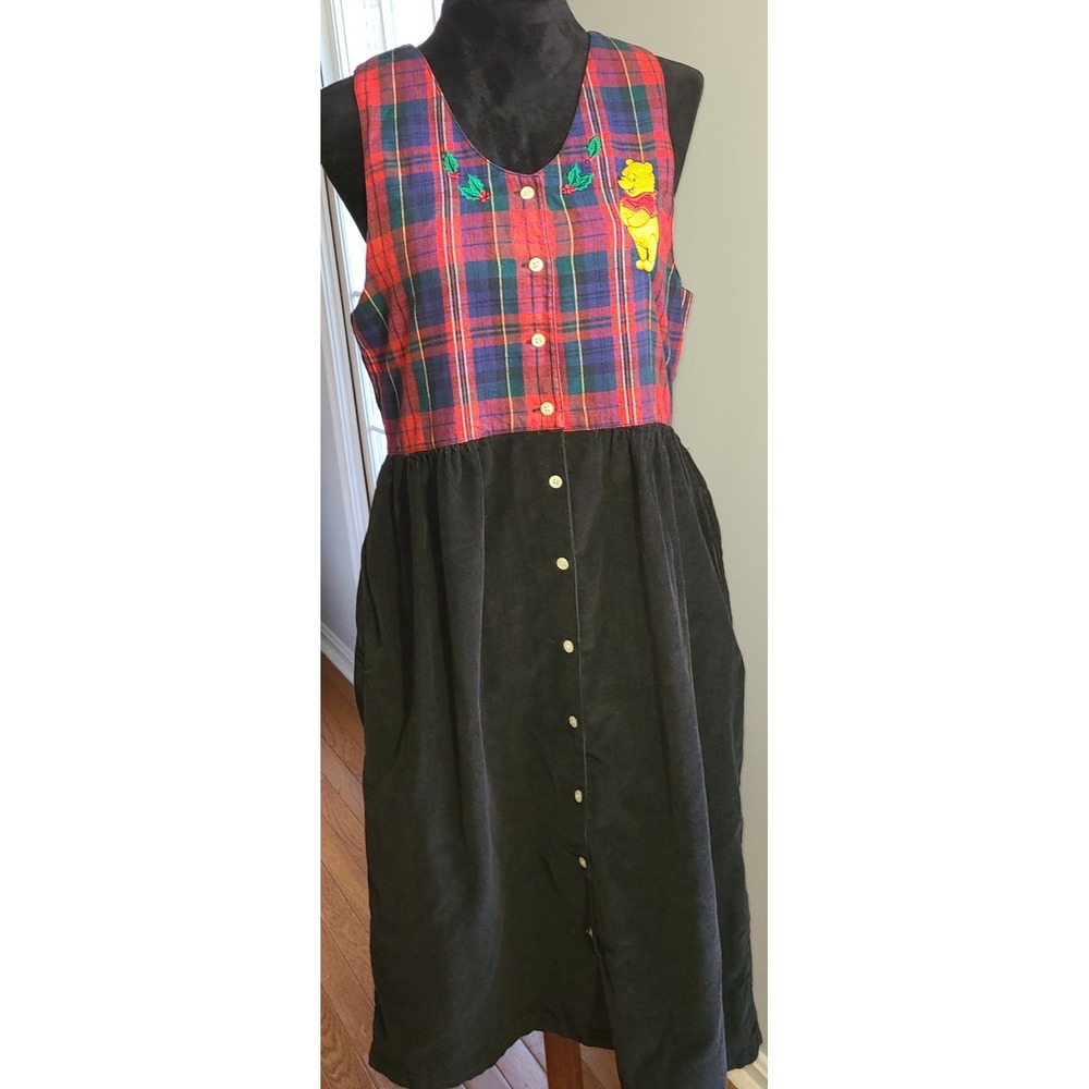 Vtg Disney Store Med Plaid & Corduroy Jumper Dress Winnie Pooh Midi Grandmacore